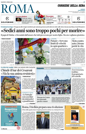 Prima pagina Corriere della Sera (Roma) di oggi - Quotidiano regionale