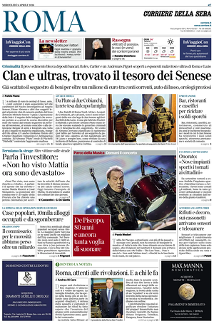 Prima pagina Corriere della Sera (Roma) di oggi - Quotidiano regionale