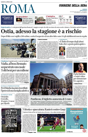 Prima pagina Corriere della Sera (Roma) di oggi - Quotidiano regionale