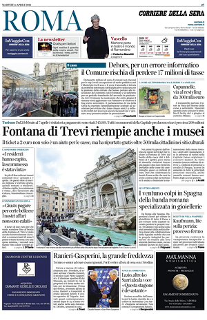 Prima pagina Corriere della Sera (Roma) di oggi - Quotidiano regionale