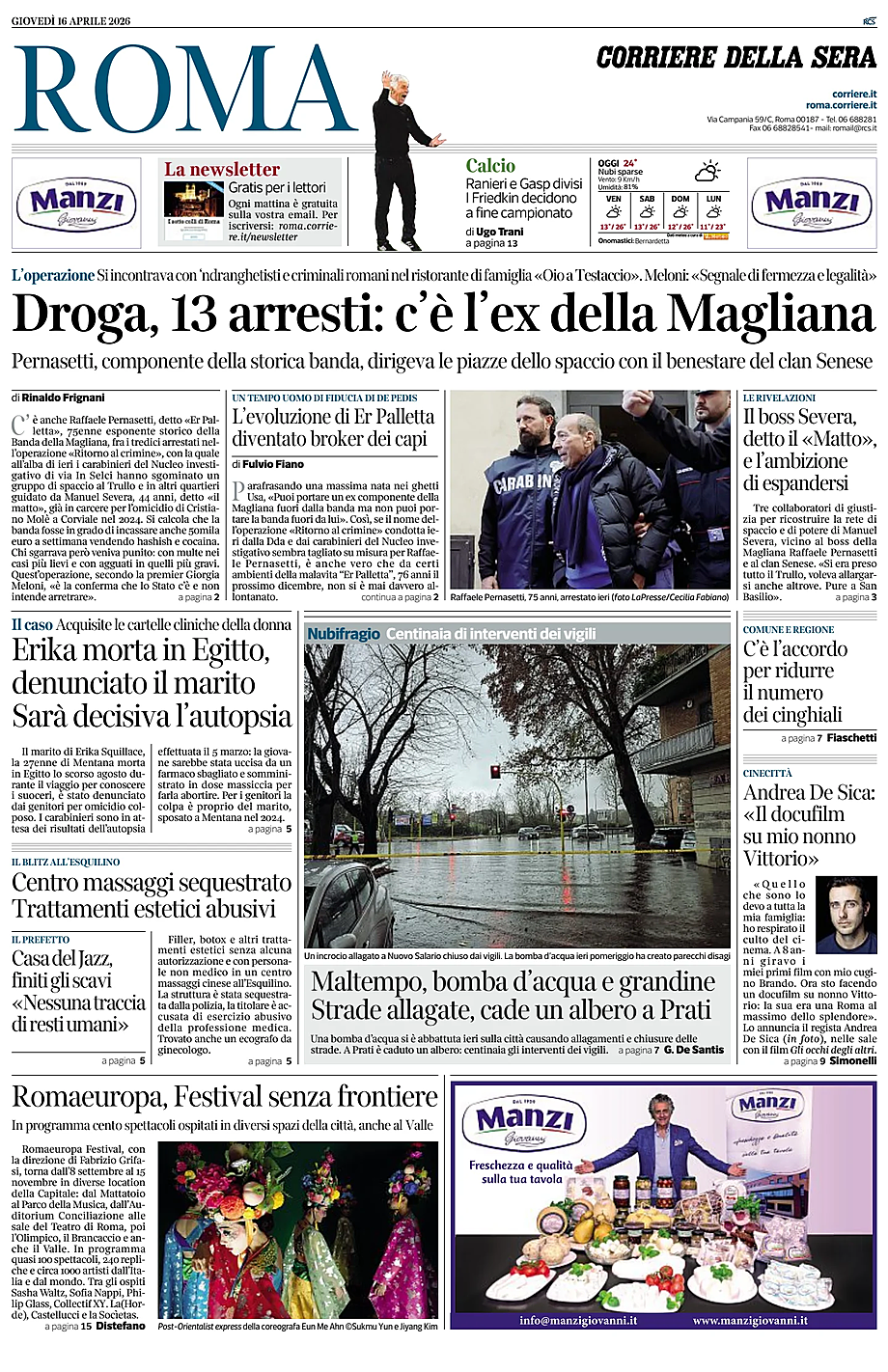 Prima pagina Corriere della Sera (Roma) di oggi - Edicola 16 Aprile 2026
