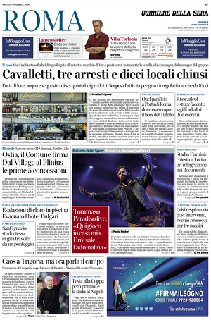 Prima pagina Corriere della Sera (Roma) di oggi - Quotidiano regionale