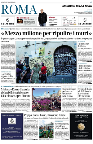 Prima pagina Corriere della Sera (Roma) di oggi - Quotidiano regionale