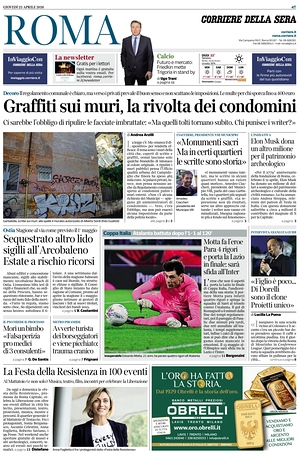 Prima pagina Corriere della Sera (Roma) di oggi - Quotidiano regionale