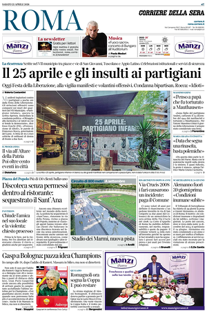 Prima pagina Corriere della Sera (Roma) di oggi - Quotidiano regionale