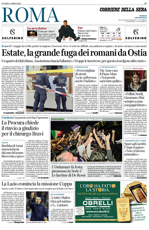 Prima pagina Corriere della Sera (Roma) di oggi - Quotidiano regionale