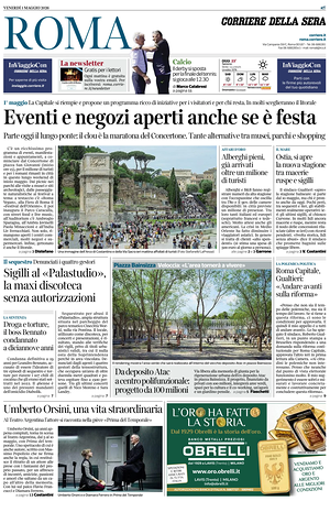 Prima pagina Corriere della Sera (Roma) di oggi - Quotidiano regionale