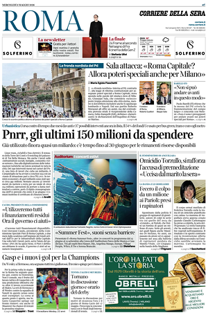 Prima pagina Corriere della Sera (Roma) di oggi - Quotidiano regionale