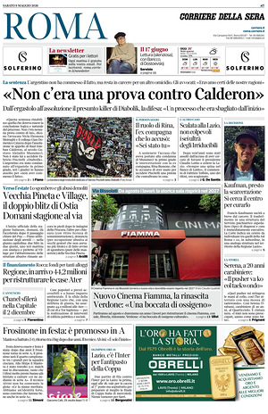 Prima pagina Corriere della Sera (Roma) di oggi - Quotidiano regionale