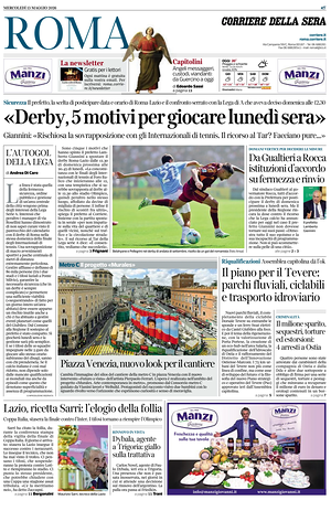 Prima pagina Corriere della Sera (Roma) di oggi - Quotidiano regionale