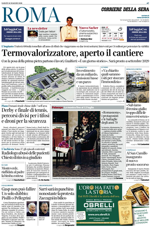 Prima pagina Corriere della Sera (Roma) di oggi - Quotidiano regionale