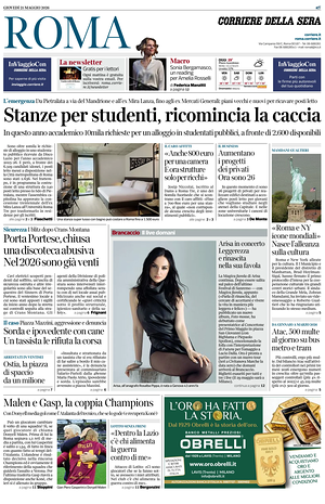 Prima pagina Corriere della Sera (Roma) di oggi - Quotidiano regionale