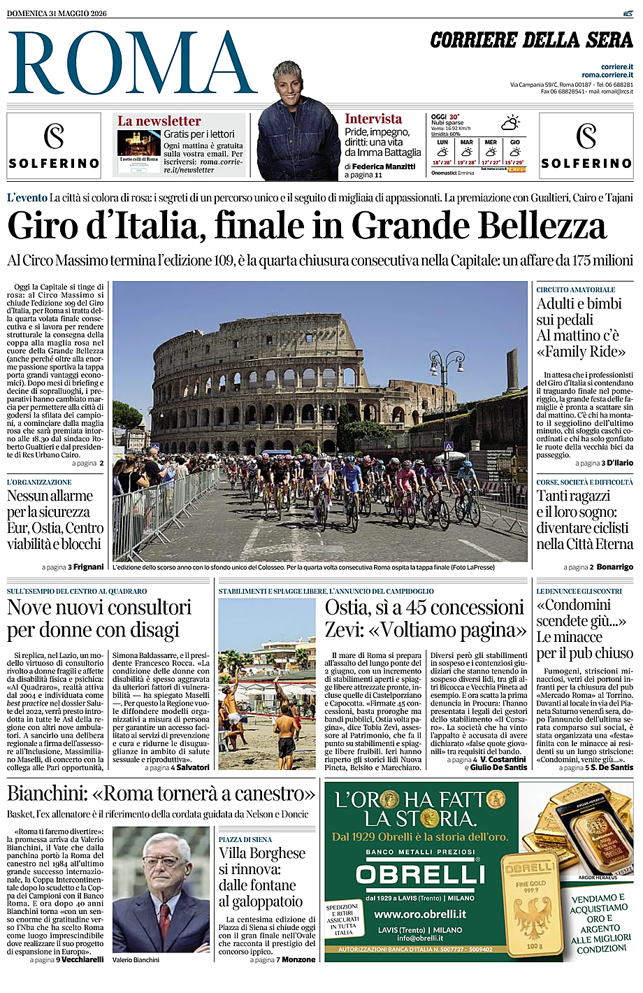 Prima pagina Corriere della Sera (Roma) di oggi - Edicola 31 Maggio 2026