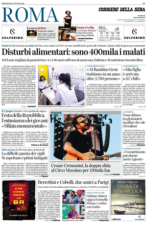 Prima pagina Corriere della Sera (Roma) di oggi - Quotidiano regionale