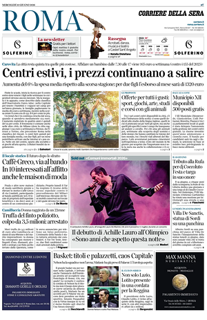 Prima pagina Corriere della Sera (Roma) di oggi - Quotidiano regionale