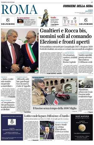 Prima pagina Corriere della Sera (Roma) di oggi - Quotidiano regionale