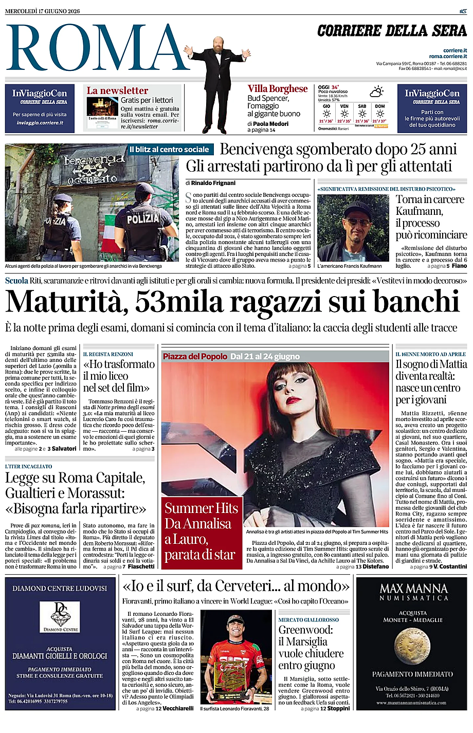 Prima pagina Corriere della Sera (Roma) di oggi - Edicola 17 Giugno 2026