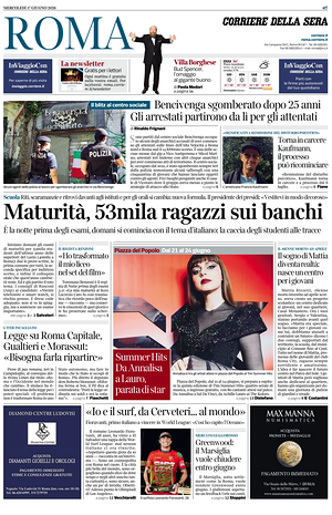 Prima pagina Corriere della Sera (Roma) di oggi - Quotidiano regionale