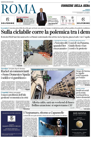 Prima pagina Corriere della Sera (Roma) di oggi - Quotidiano regionale