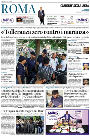 Prima pagina Corriere della Sera (Roma) di oggi - Quotidiano regionale