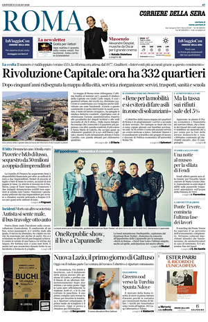 Prima pagina Corriere della Sera (Roma) di oggi - Quotidiano regionale