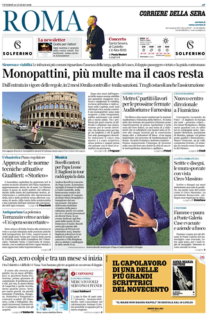 Prima pagina Corriere della Sera (Roma) di oggi - Quotidiano regionale