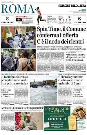 Prima pagina Corriere della Sera (Roma) di oggi - Quotidiano regionale