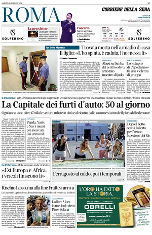 Prima pagina Corriere della Sera (Roma) di oggi - Quotidiano regionale