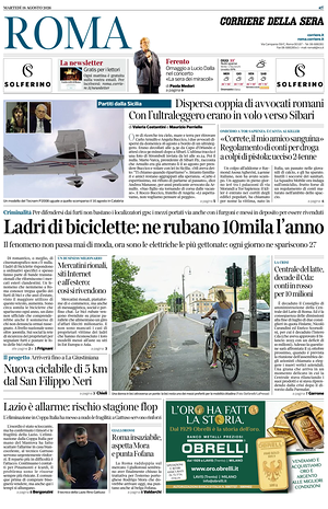 Prima pagina Corriere della Sera (Roma) di oggi - Quotidiano regionale