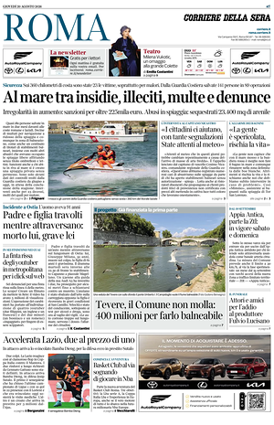 Prima pagina Corriere della Sera (Roma) di oggi - Quotidiano regionale