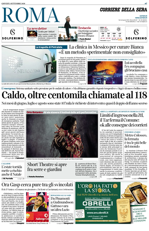 Prima pagina Corriere della Sera (Roma) di oggi - Quotidiano regionale