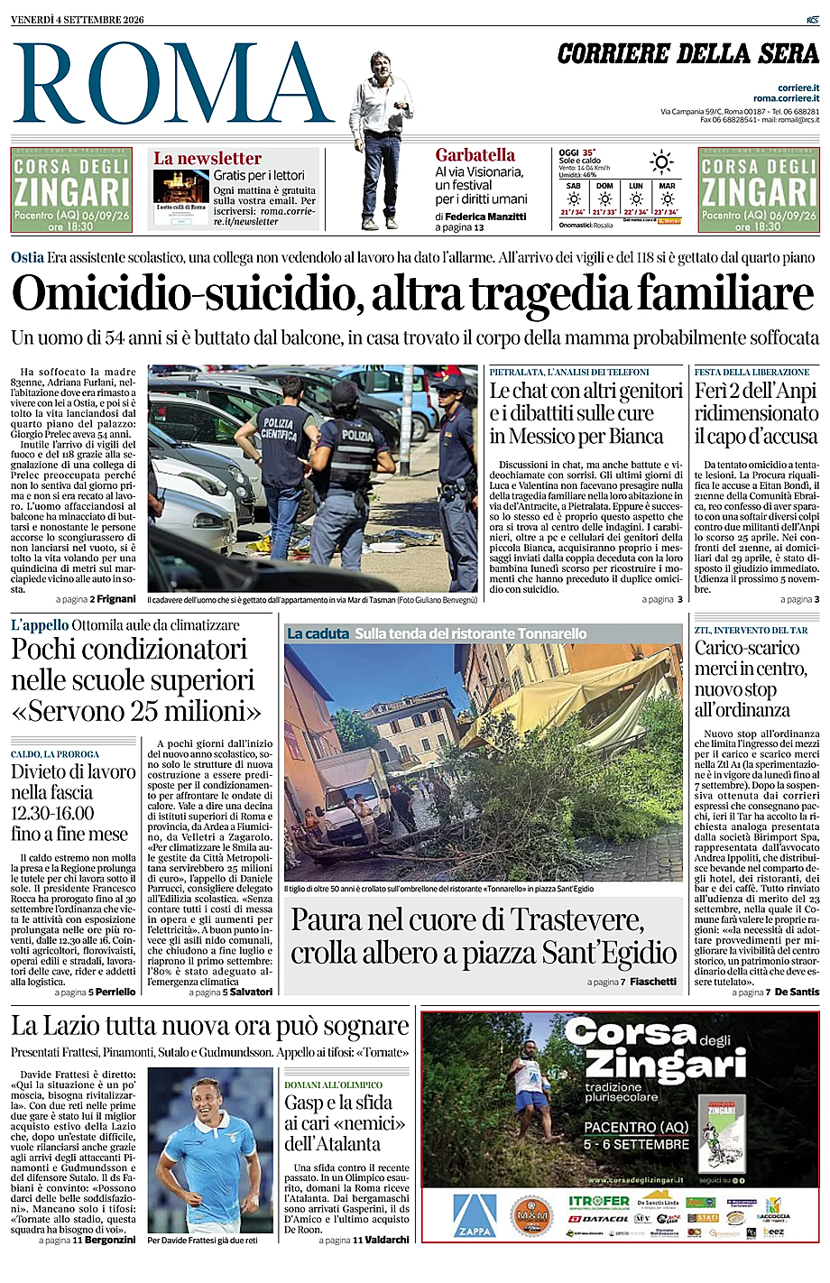 Prima pagina Corriere della Sera (Roma) di oggi - Edicola 4 Settembre 2026