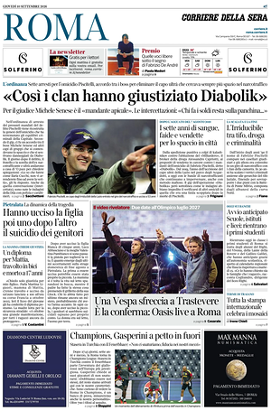 Prima pagina Corriere della Sera (Roma) di oggi - Quotidiano regionale