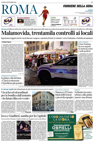 Prima pagina Corriere della Sera (Roma) di oggi - Quotidiano regionale
