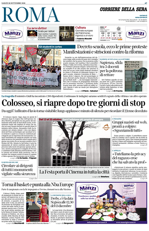 Prima pagina Corriere della Sera (Roma) di oggi - Quotidiano regionale