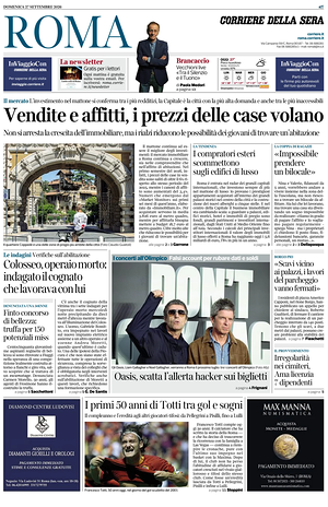 Prima pagina Corriere della Sera (Roma) di oggi - Quotidiano regionale