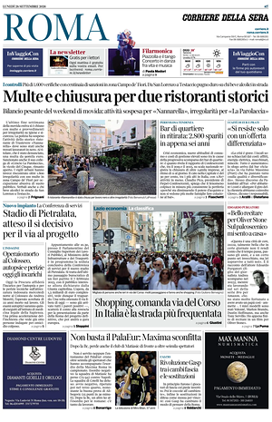 Prima pagina Corriere della Sera (Roma) di oggi - Quotidiano regionale