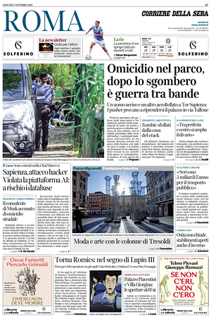 Prima pagina Corriere della Sera (Roma) di oggi - Quotidiano regionale