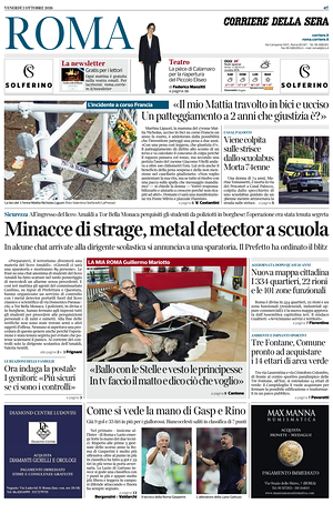 Prima pagina Corriere della Sera (Roma) di oggi - Quotidiano regionale