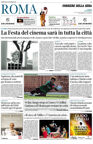 Prima pagina Corriere della Sera (Roma) di oggi - Quotidiano regionale