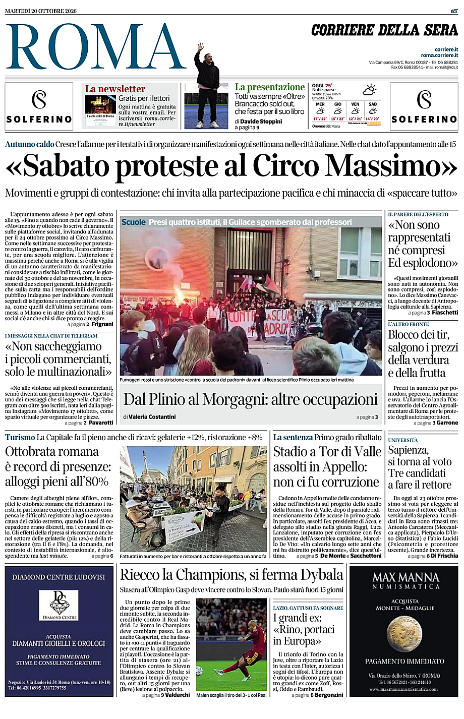 Prima pagina Corriere della Sera (Roma) di oggi - Edicola 20 Ottobre 2026