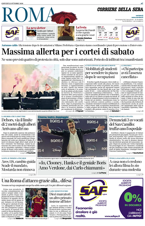 Prima pagina Corriere della Sera (Roma) di oggi - Quotidiano regionale