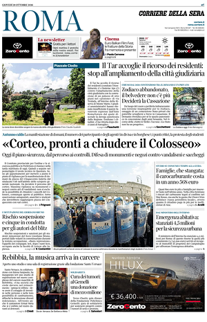 Prima pagina Corriere della Sera (Roma) di oggi - Quotidiano regionale