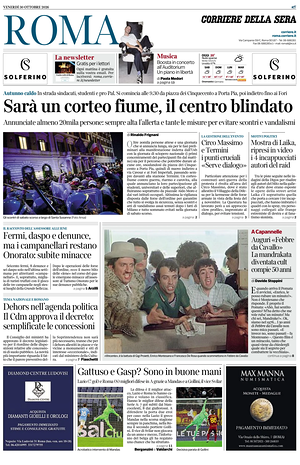 Prima pagina Corriere della Sera (Roma) di oggi - Quotidiano regionale