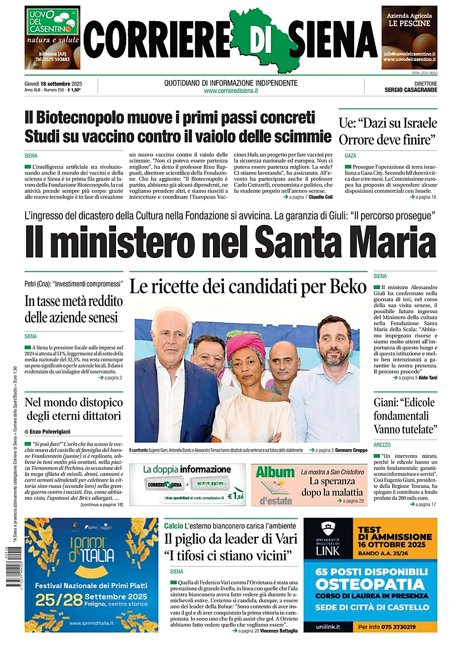 Prima pagina Corriere di Siena di oggi - Edicola 18 Settembre 2025