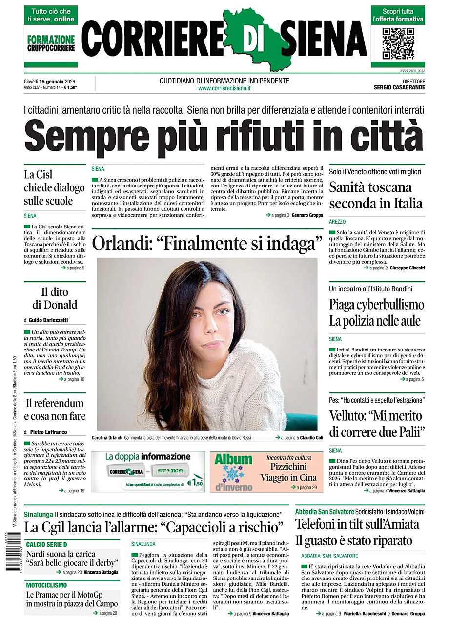 Prima pagina Corriere di Siena di oggi - Edicola 15 Gennaio 2026