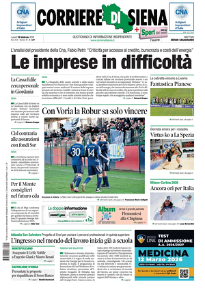 Prima pagina Corriere di Siena di oggi - Quotidiano regionale