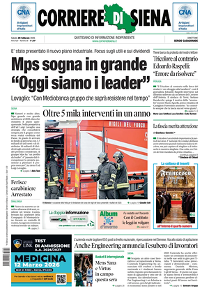Prima pagina Corriere di Siena di oggi - Quotidiano regionale