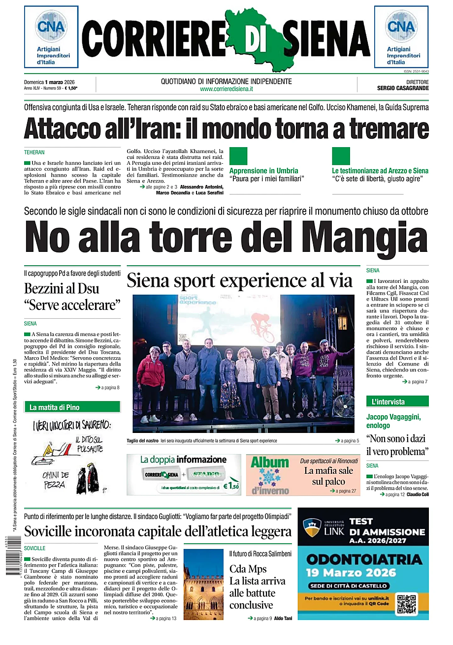 Prima pagina Corriere di Siena di oggi - Edicola 1 Marzo 2026
