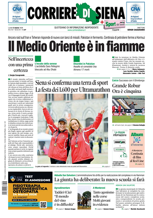 Prima pagina Corriere di Siena di oggi - Quotidiano regionale